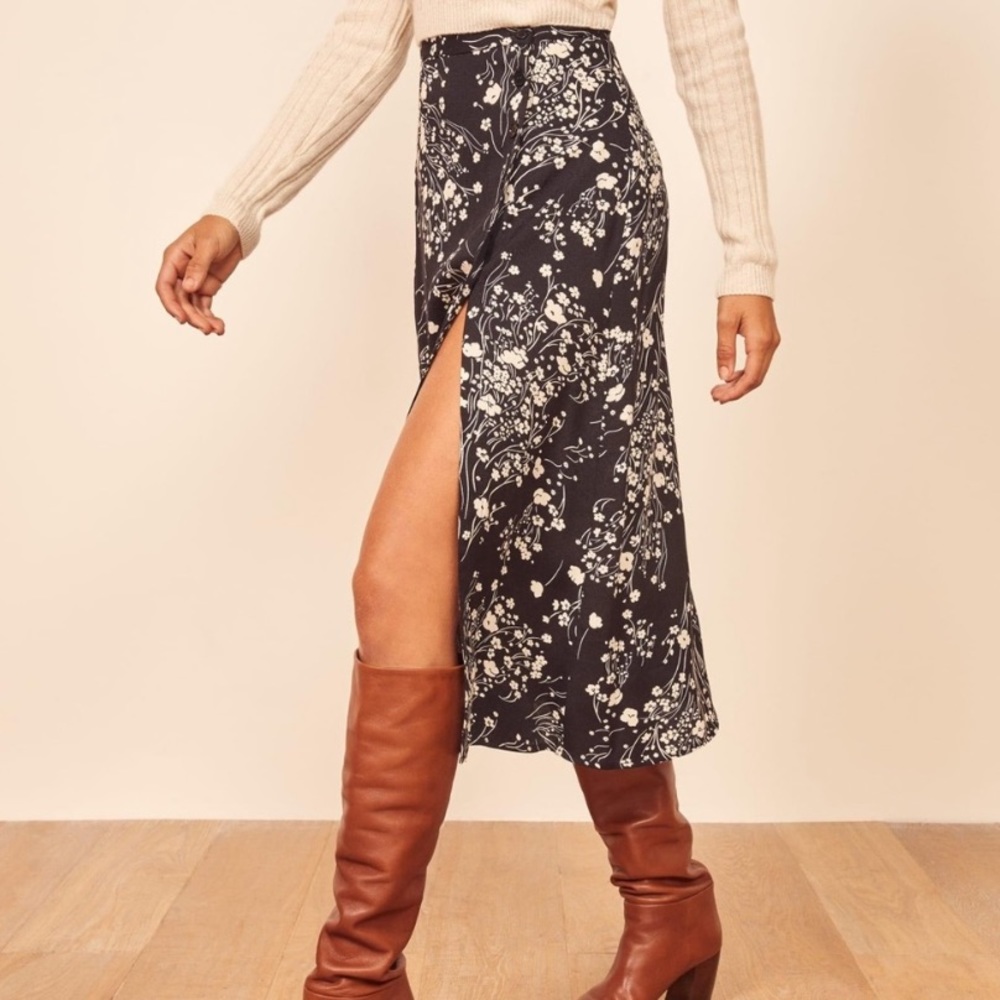 Reformation Black Floral Jamie Button Midi Skirt
